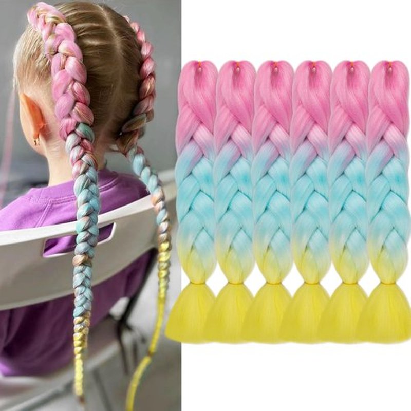 MAYSA Jumbo Braiding Hair 24in Rainbow Braiding Hair Pre stretched 6Packs Colored Hair Extensions for Kids #Pink-Sky blue-Yellow