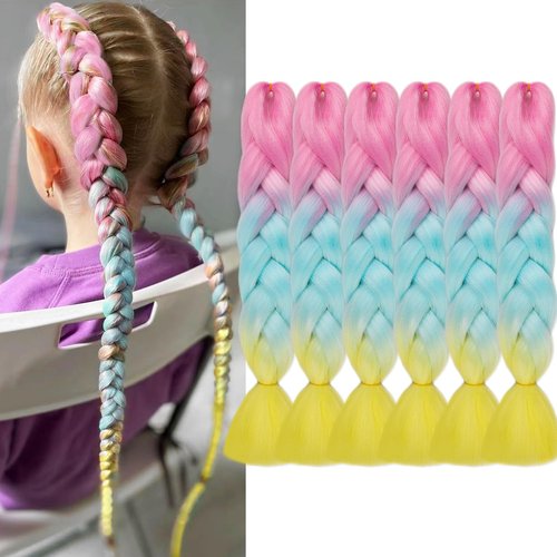 MAYSA Jumbo Braiding Hair 24in Rainbow Braiding Hair Pre stretched 6Packs Colored Hair Extensions for Kids #Pink-Sky blue-Yellow