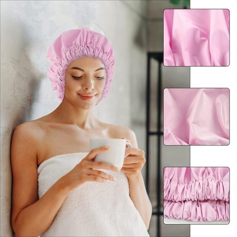 Reusable Shower Cap for Women, Large Waterproof Shower Bonnet Washable Elastic Band Bath Hair Hat for Long Hair, Braids(Black&Purple)
