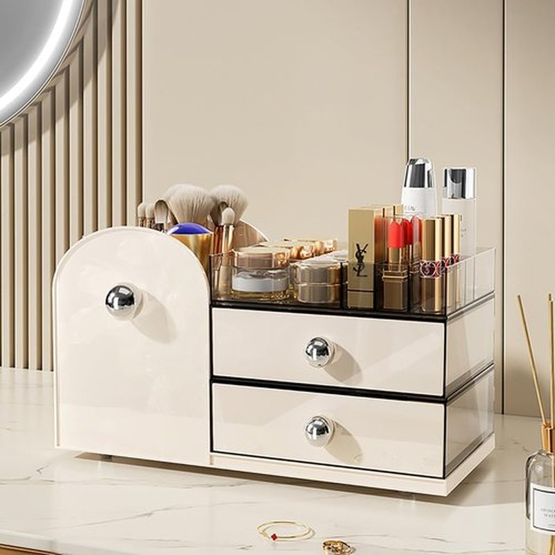 Makeup Organizer with Drawers,High-Capacity Skincare organizers,Makeup Brushes Holder,Make up organizers for Vanity,Cosmetic Display Cases,Bathroom Countertop Organizer(Cream)