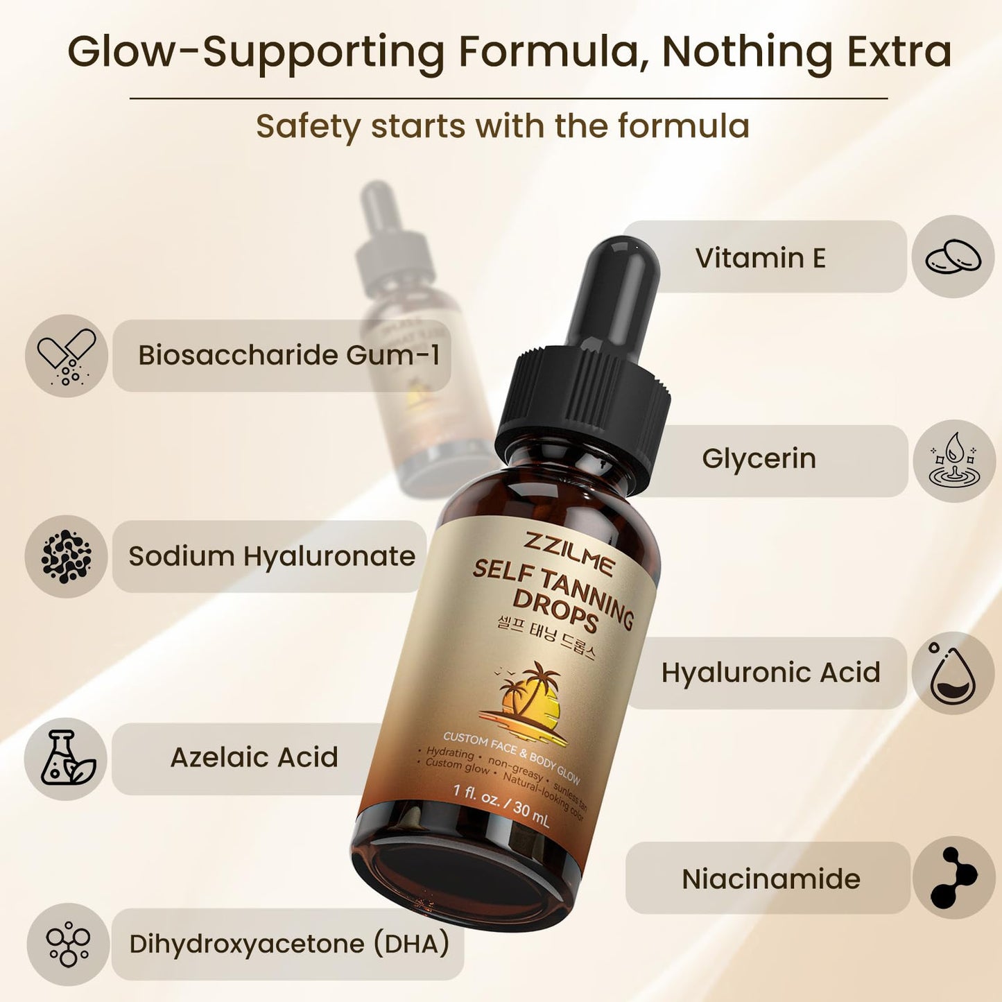 ZZILME Sunless Self Tanning Drops for Face & Body, Customizable Gradual Glow with Niacinamide, Vitamin C & Hyaluronic Acid, Bronzing Serum Drops, 0.91 fl oz