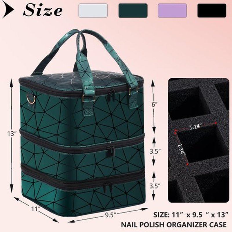 FCQQYWZ Large Nail Polish Organizer Case Hold 84+ Bottles Nail Polish & Nail Lamp, 3 Layers Nail Organizers and Storage for Nail Tech with Divider, Travel Carrying Case for Nail Polish Kit Set(Green)