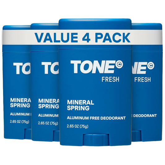 TONE Aluminum Free Deodorant for Men & Women, Fresh, Paraben Free Formula with up to 48-Hour Odor Protection, Dermatologist-Tested, 2.65 oz (4 Pack)