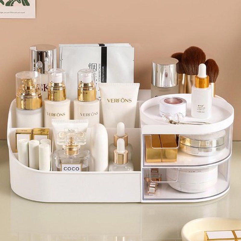 POFUOT skin care organizer,Makeup Desk Organizer With Drawers,Countertop Organizer for Cosmetics,Vanity brush with Holder for Lipstick, Brushes, Eyeshadow, and Desktop Finishing Dresser (D-White)