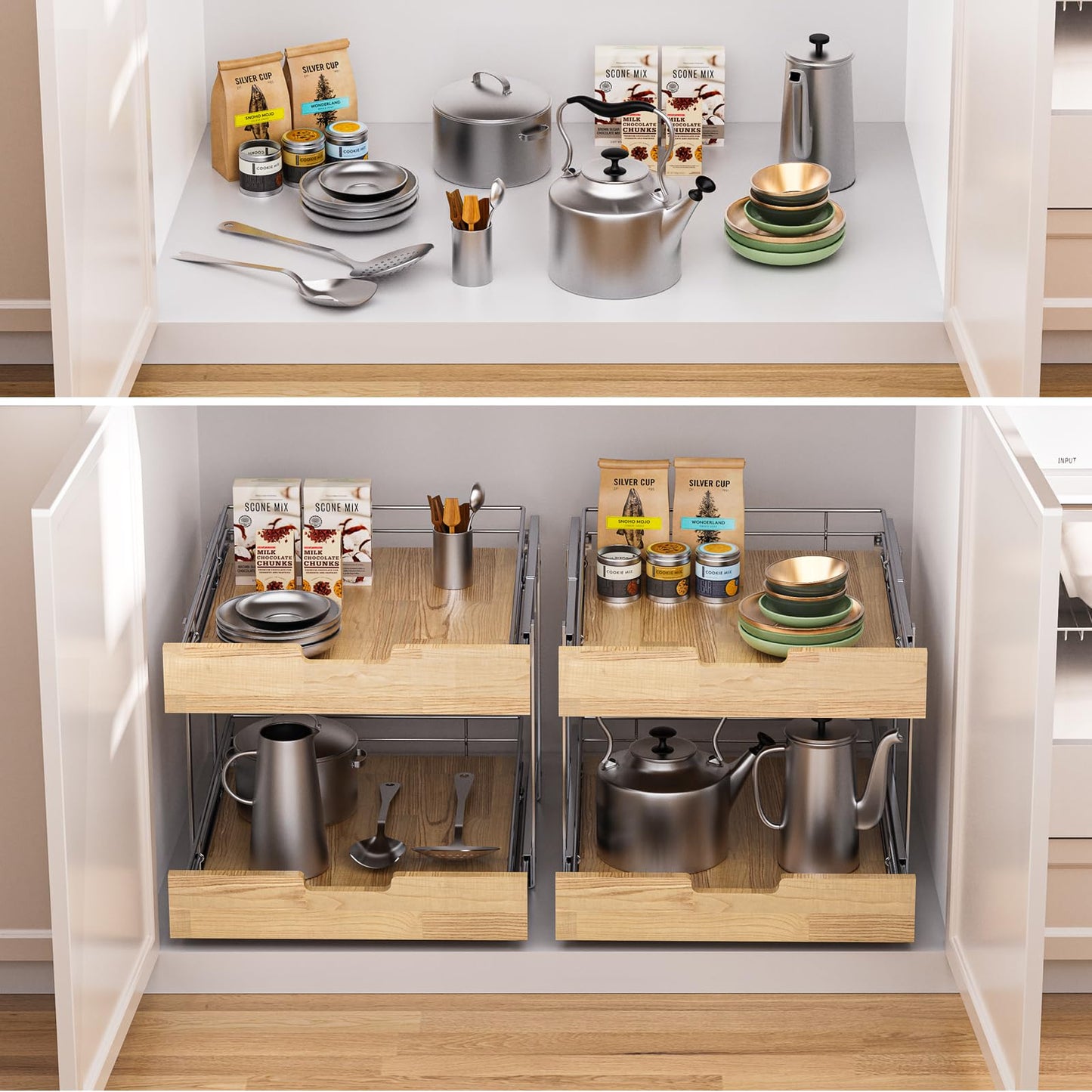 Sikarou Pull Out Cabinet Organizer,Heavy-Duty Slide Out Shelf, Wood and Wire Basket, Pull Out Drawer for for Kitchen Under Sink Space, Pantry, Bathroom, 2 Tie 14 * 21 in