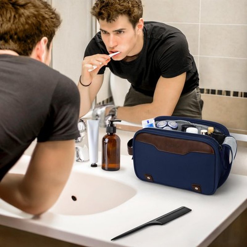 Wedama Toiletry Bag for Men, Medium Hanging Travel Toiletry Bag, Extra Electronic Organizer Bag Waterproof Travel Bag for Toiletries, PU Handle Travel Bag for Travel Trips Swim Camping, Blue
