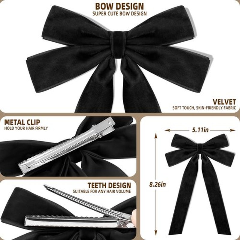 2PCS Black Hair Bows Soft Velvet Bow Hair Clip with Long Tail Hair Accessories for Women Girls Toddlers Teen Girl Gifts Cute Trendy Stuff
