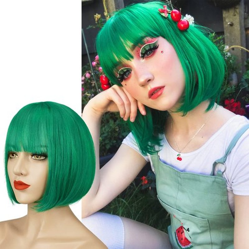 SOFEIYAN Short Straight Bob Wigs with Bangs 11 inch Synthetic Daily Party Cosplay Hair Wig for Black Women, Green