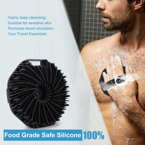 WETANG Silicone Body Scrubber, Body Wash Scrubber, Shower Scrubber for Body, Non-Slip Handle for Easy Cleaning, Travel Friendly (Black)