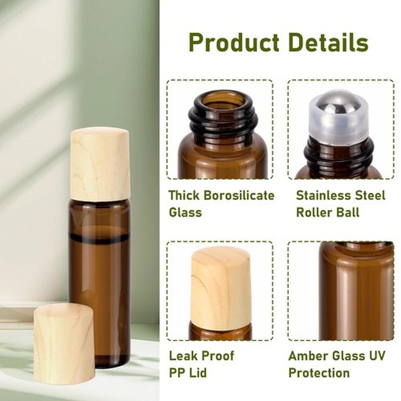 5ml Mini Essential Oils Roller Bottles for Oils, 8-Pack 0.16 oz Tiny Amber Glass Roll-on Bottles for Essential Oils, Empty Eye Rollerball Bottle with Roller Ball for Perfumes, Lip Balms and Travel