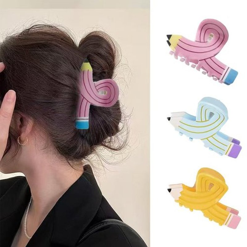 YUEELI Hair Clips for Women and Girls, 3 Pieces Pencil Hair Claw Clips Back To School Hair Clips Funny Hair Jaw Barrettes for Women Thin Thick Curly Hair (Pink Blue Yellow)