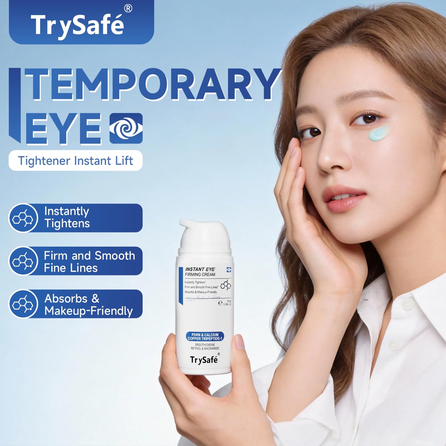 TrySafe 1.06oz PDRN & Calcium & Copper Peptides Temporary Eye Tightener - Reduce Eye Bags, Puffy Eyes, Dark Circles & Firm Wrinkle, Smile Line Instantly* | Hyaluronic, Collagen, Kojic, Caffeine