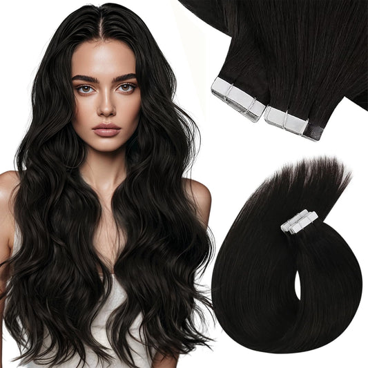 Sunny Hair Black Tape in Human Hair Extensions Black Tape in Extensions Natural Black Fashion Human Hair Tape ins Extensions Short Black Hair Extensions for Women Invisible Tape ins 20pcs 12in