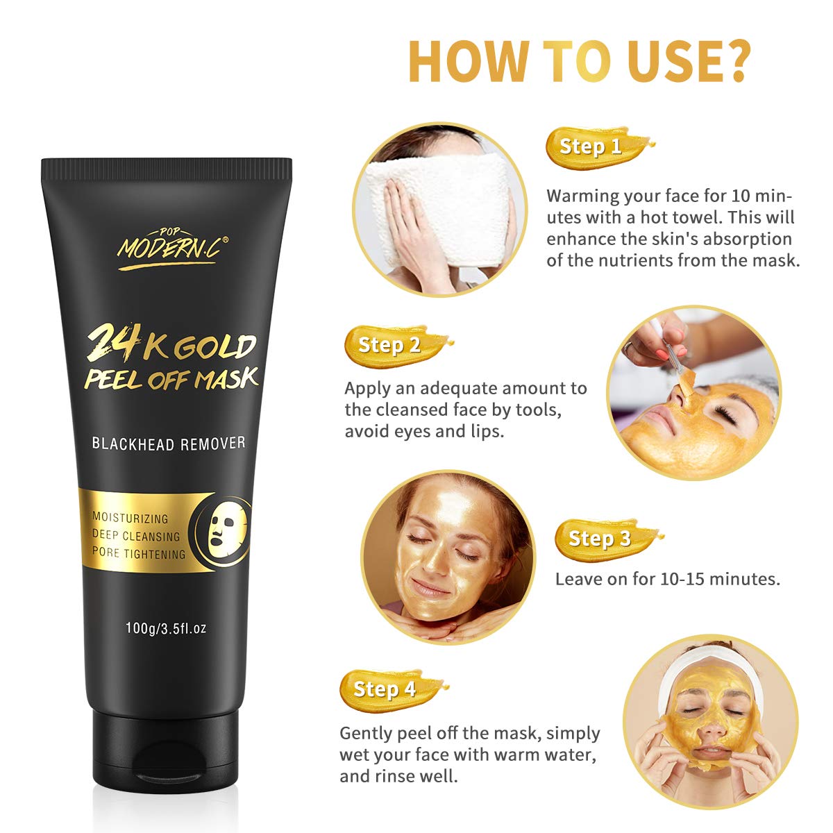 Blackhead Remover Mask, 24K Gold Peel Off Mask, Gold Facial Mask Anti-Aging, Deep Cleansing, Reduces Fine Lines＆ Wrinkles Great for All Skin, With Blackhead Remover Extractor Tools Kit & Brush