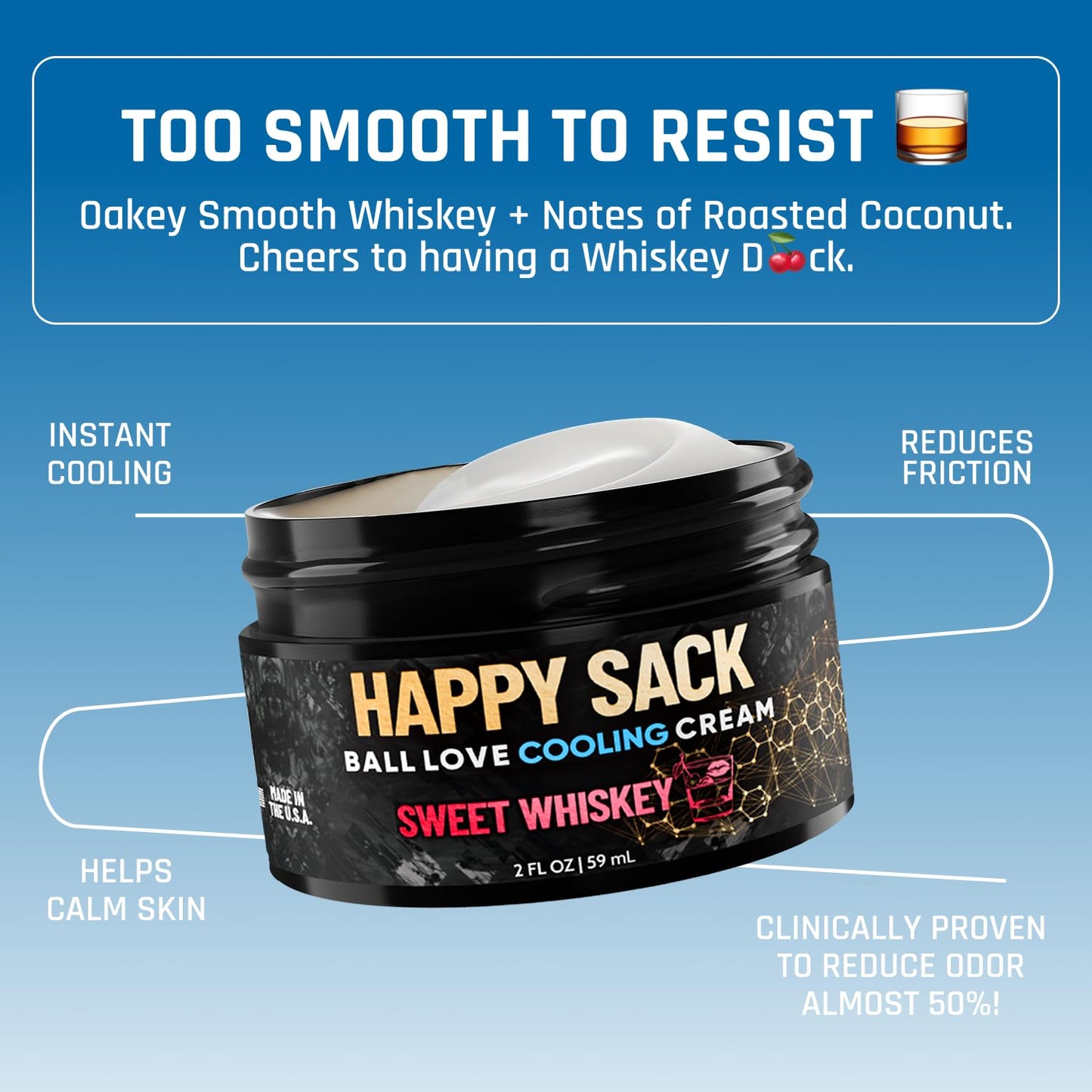 Derm Dude Happy Sack Ball Deodorant & Comfort Cream for Men | Anti-Chafing Sweat Defense, Odor Control, Aluminum-Free Deodorant & Hygiene Products for Men's Private Parts | Sweet Whiskey Scent, 2oz