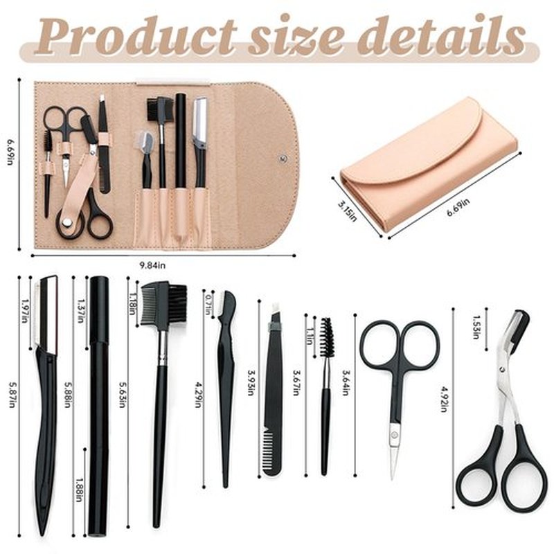 8PCS/SET Professional Eyebrow Shaping Grooming Kit - Beauty Tools Set with Leather Bag Eyebrow Grooming Kit for Women & Men, Eyebrow Trimming Kit With Razor Eyebrow Scissors and Brush with Comb Khaki
