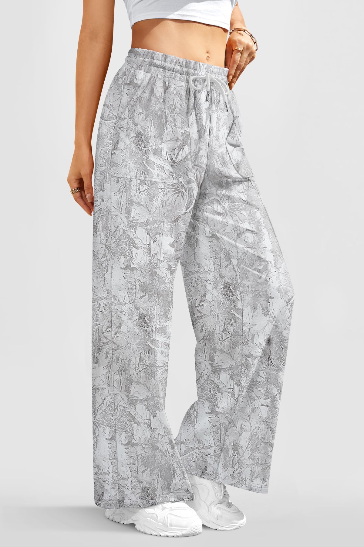 ALIMASHA Women's High Waisted Drawstring Waist Wide Leg Sweatpants with Pockets Casual Loose Yoga Pants Camo Gray M