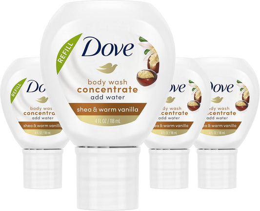 Dove Body Wash Concentrate Refill - Shea & Warm Vanilla | 4 Pack, 4 Fl Oz (Makes 16 Fl Oz) for Soft Skin