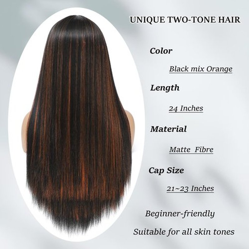Amarlis Black with Orange Wigs for Women, Long Straight Stripes Color Wigs with Bangs, Natural Looking Soft Synthetic Fiber Wig for Daily Party