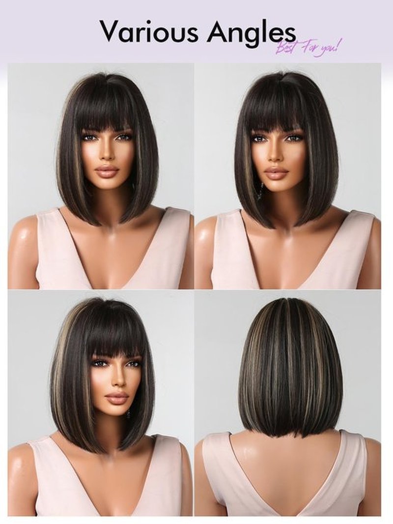 Allbell 12Inch Yaki Straight Bob Wig with Bangs Synthetic Hair Black with Blonde Highlights Bob Wig Ready to Go Short Wigs for Women