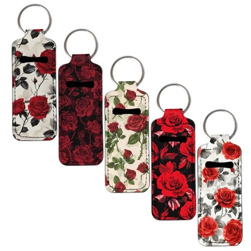 SEANATIVE Red Roses Lipstick Holder Keychain Neoprene Lip Balm Holder Portable Lip Gloss Keychain Pocket Keychain Clip-on Sleeve Chapstick Holder for Women Travel