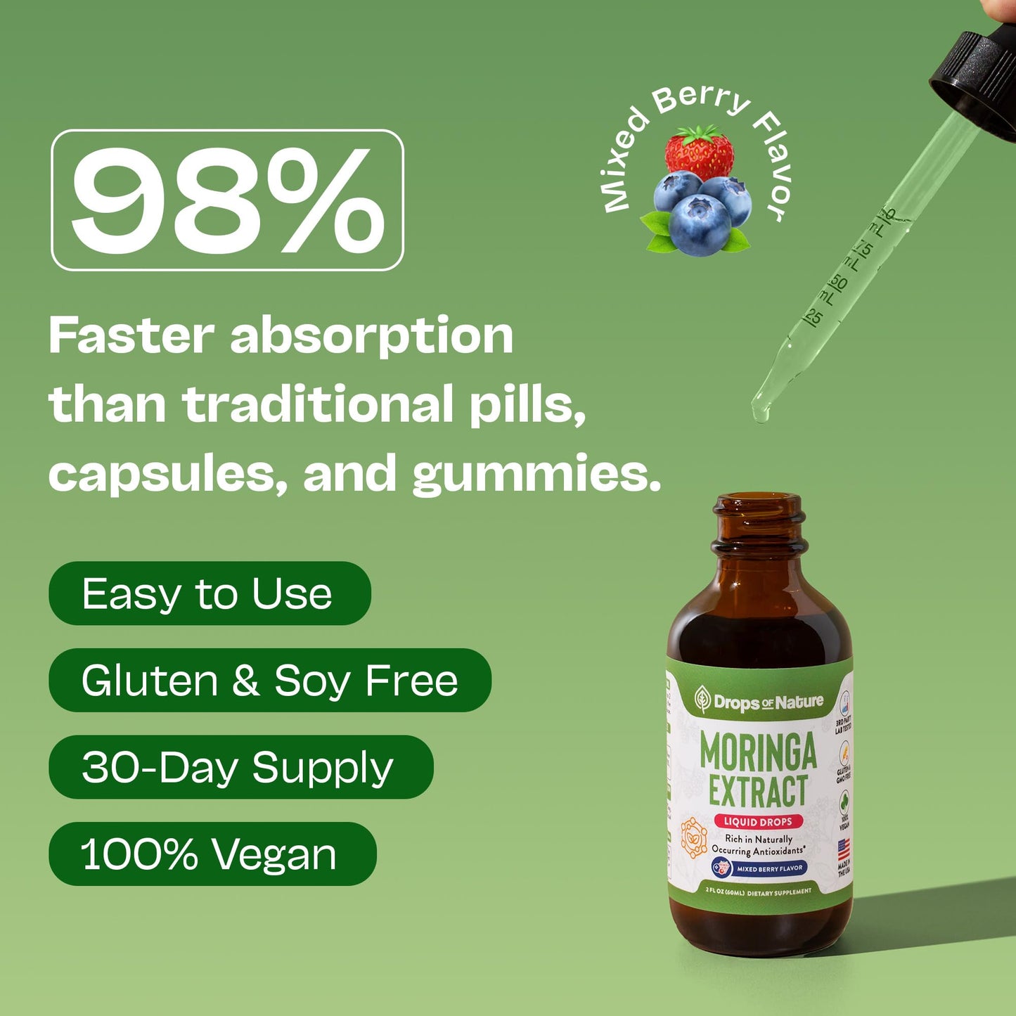 Moringa Liquid Drops Supplement – Vegan, Gluten Free – Greens Superfood Powder & Moringa Capsules Alternative – Mix with Tea Drinks – Packed with Antioxidants for Natural Vitality (Mixed Berry, 60 mL)
