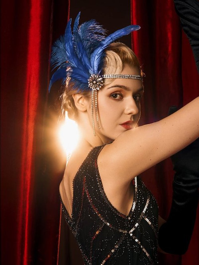 SWEETV 1920s Headpiece Flapper Headband, Rhinestone Pearl Feather Hair Band Great Gatsby Headpiece Accessoreis for Women,Dark Blue