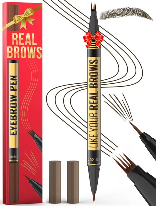 Microblading Eyebrow Pen - Eyebrow Pen 2-in-1 Dual-Ended Eyebrow Pencil with Micro-Fork Tip & Precise Brush-Tip Create Hair-Like Brows, Natural Brow Eyebrow Pen, Long Lasting, Dark Brown