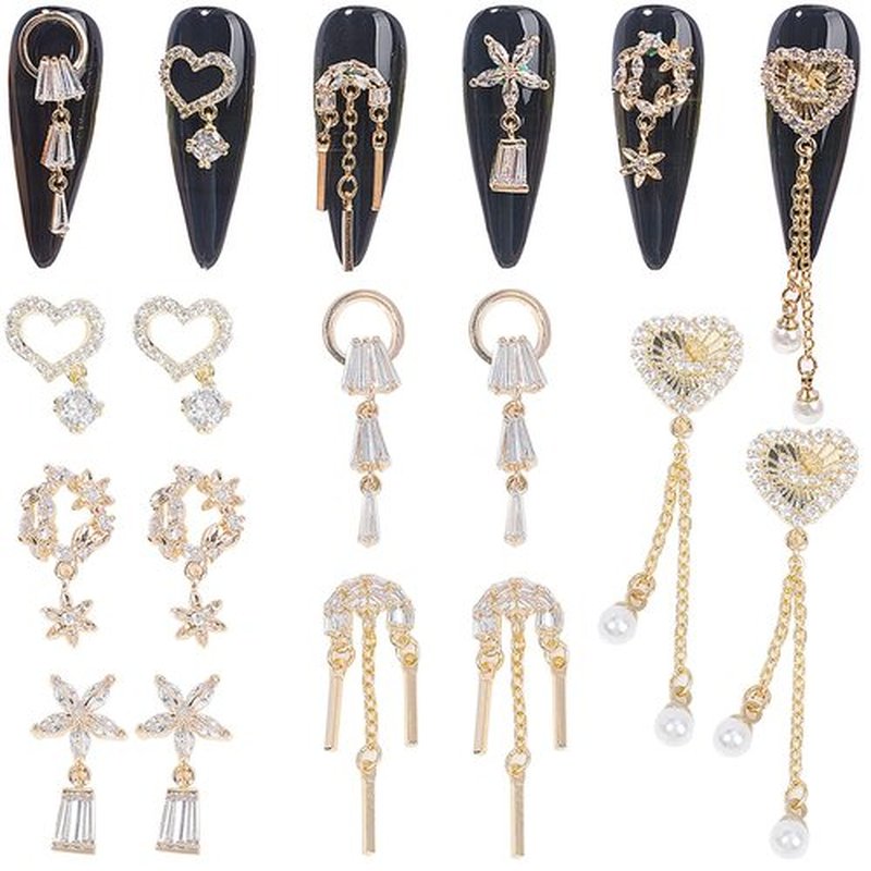 12pcs Gold Nail Charms Nail Metal Alloy Luxury White Zirconia Rhinestone for Nail Glitter Nail Crystal Gemstone Jewellery Nail Diamond Rhinestone Charm for Girl Woman Craft DIY Nail Art Decoration
