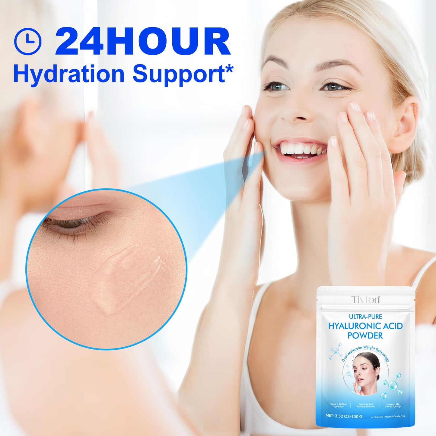 2x Hyaluronic Acid Powder for Skin & Face, High Molecular Weight Hyaluronic Acid Serum Powder Pure, 24Hours Skin Hydration and Moisture Support Supplements | Vegan-friendly, 200g