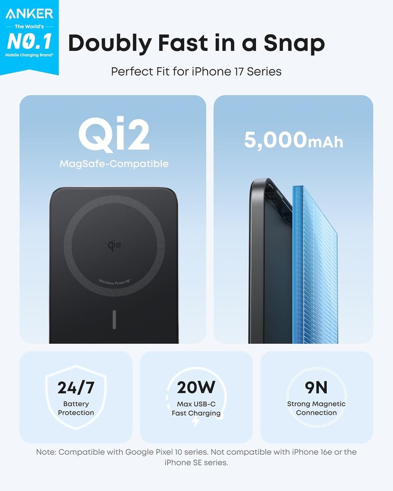 Anker Nano MagSafe Portable Charger - Ultra-Slim 5,000mAh Magnetic Power Bank | Qi2-Certified 15W for iPhone 17/16 Series