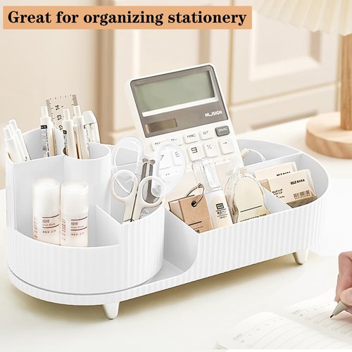 Rotating Makeup Organizer for Vanity with Brush Holder, Cosmetic Makeup Storage Organizer, Large Spinning Makeup Skincare Organizer, Countertop Makeup Perfume Organizer, Lotions Display Case (White)