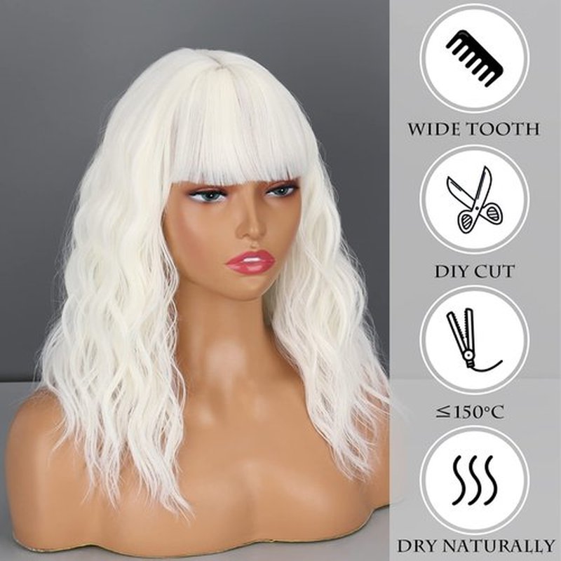 LINGHANG Short Platinum Blonde Wigs for Women, White Blonde Curly Wavy Wig with Bangs, Synthetic Medium Length Platinum Wavy Bob Wig for Daily Use