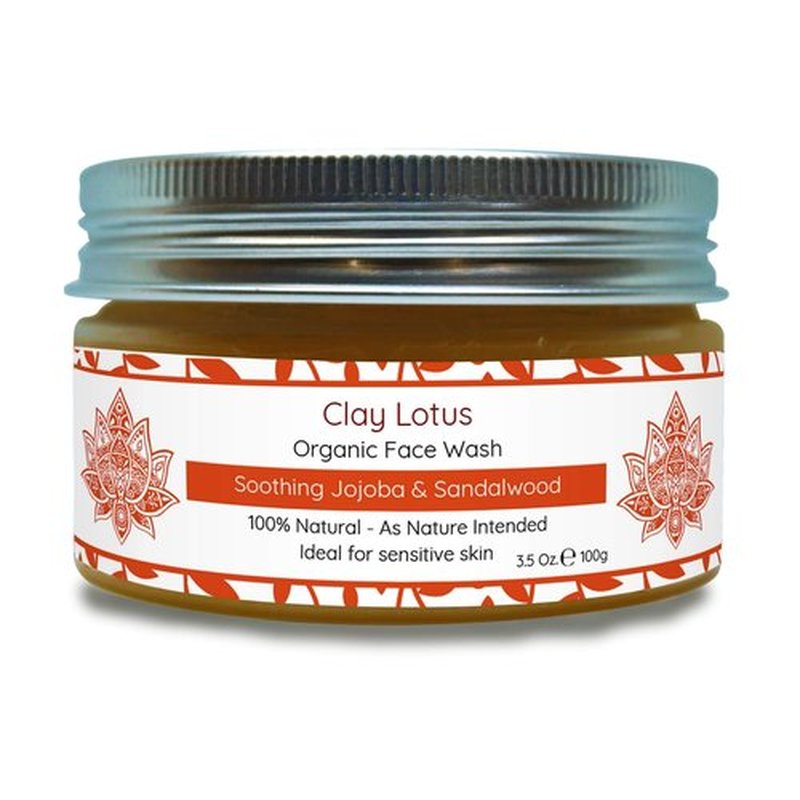 Clay Lotus Organic Face Wash - Gentle Cleanser for Sensitive Skin with Jojoba & Sandalwood. 100% Natural, Soothing, Hydrating, and Brightening. Non-Drying, Vegan Formula for Women & Men