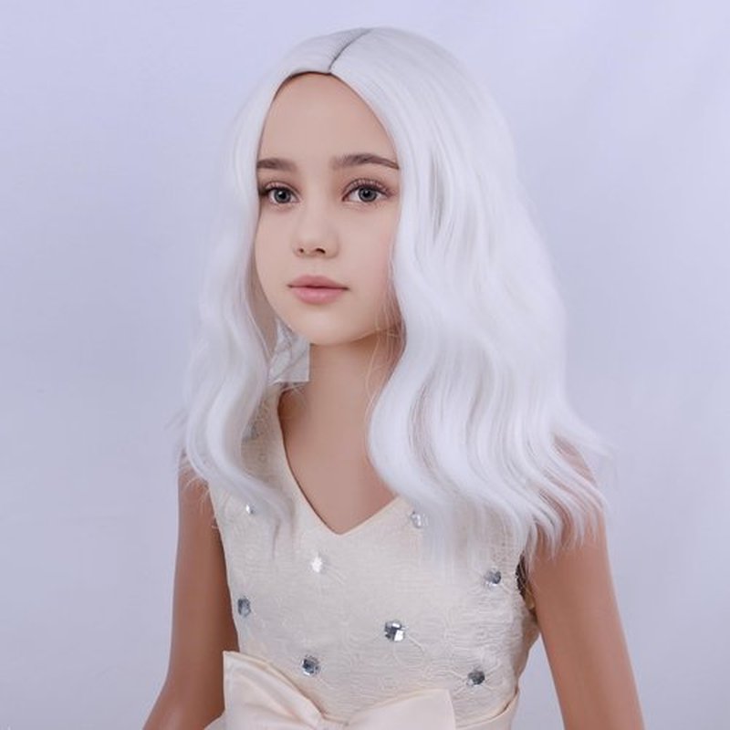 DUDUWIG White Wig for Kids Girls Short White Wavy Curly Wig Child White Side Part Wig for Dress Up Party Cosplay Synthetic Wigs Hairnet Include