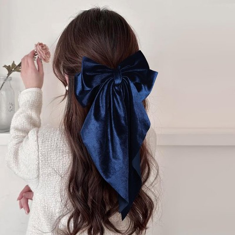 2Pcs Navy Blue Hair Bows Large Velvet Hair Ribbons Bow French Barrettes Clip Long-Tail for Women Girls Oversized Cute Aesthetic Wedding Prom Party Hair Styling Accessories