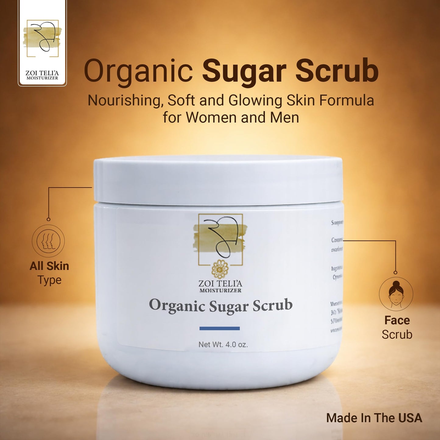 Organic Sugar Scrub with Shea Butter & Jojoba Oil - 4 Oz