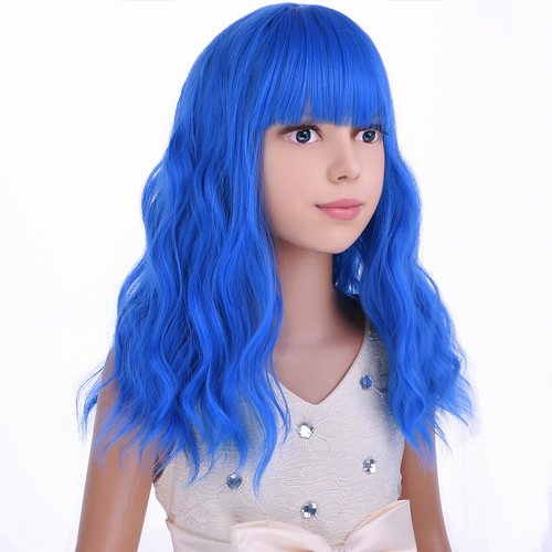 PATTNIUM Kids Child Wig Blue Wig for Kids Short Blue Wig with Bangs for Girls Mixed Blue Wigs Cosplay Party Synthetic Wig with Wig Cap(Mixed Blue)