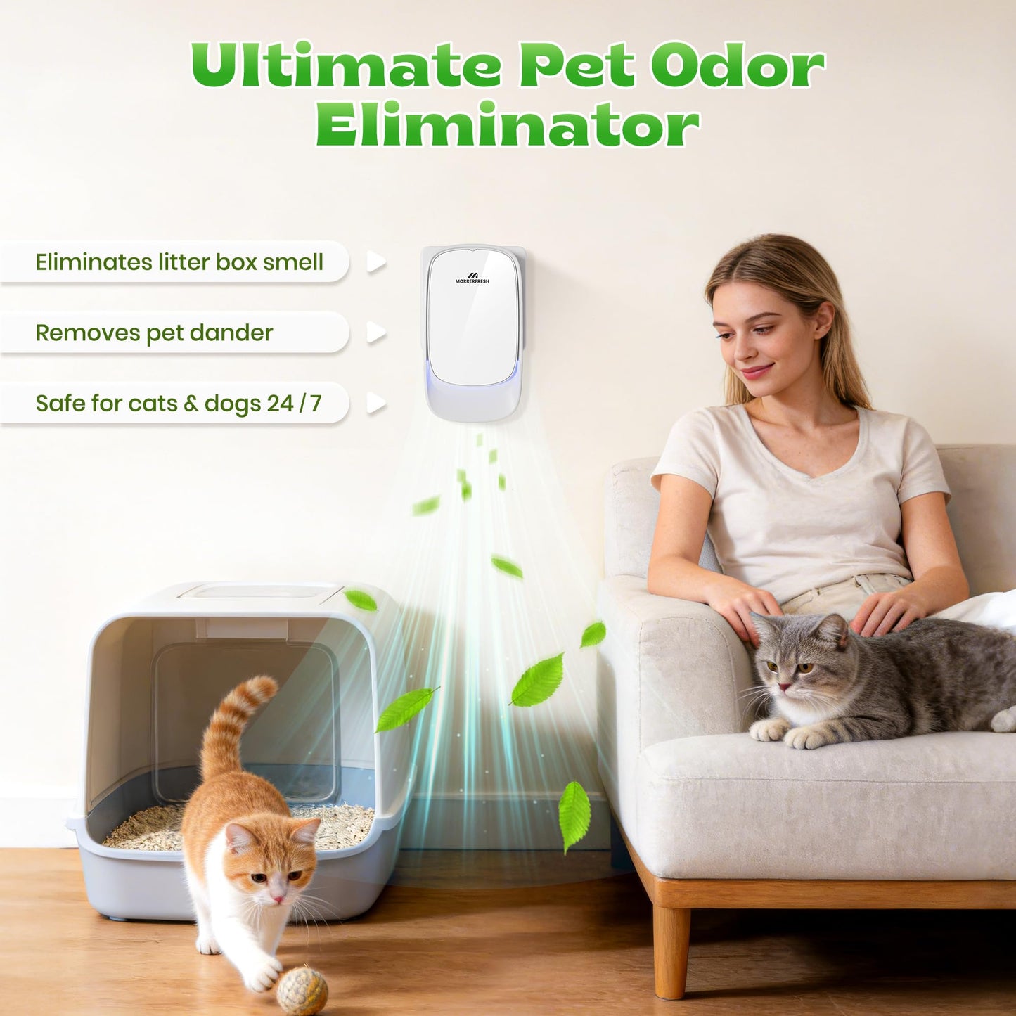 Morrerfresh Air Ionizers, Plug in Negative Ion Air Purifier, Pet Odor Eliminator for Dogs/Cats, Ozone Free Quiet Air Freshener for Small Spaces/Cat Litter Room, Kitchen, Smoke Dust, Mini Air Cleaner