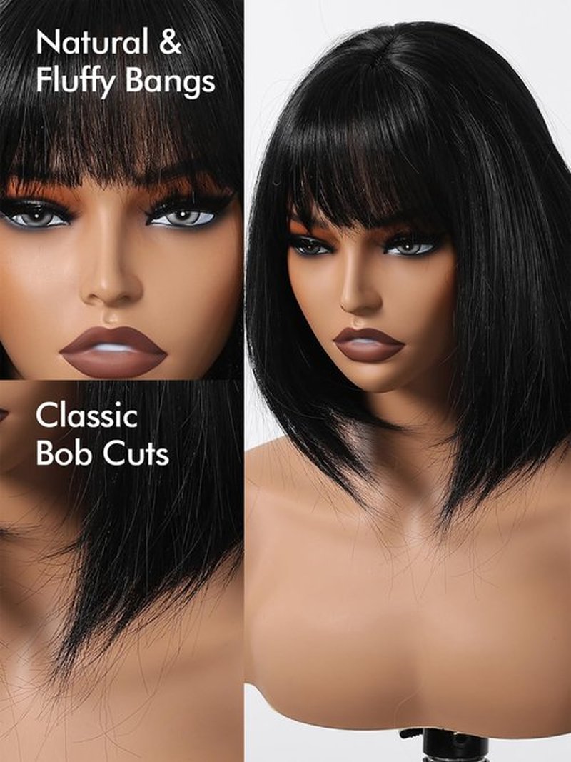 Allbell Black Bob Wig for Women Short Bob Wigs with Bangs Natural Looking Heat Resistant Synthetic Hair for Daily Cosplay Use