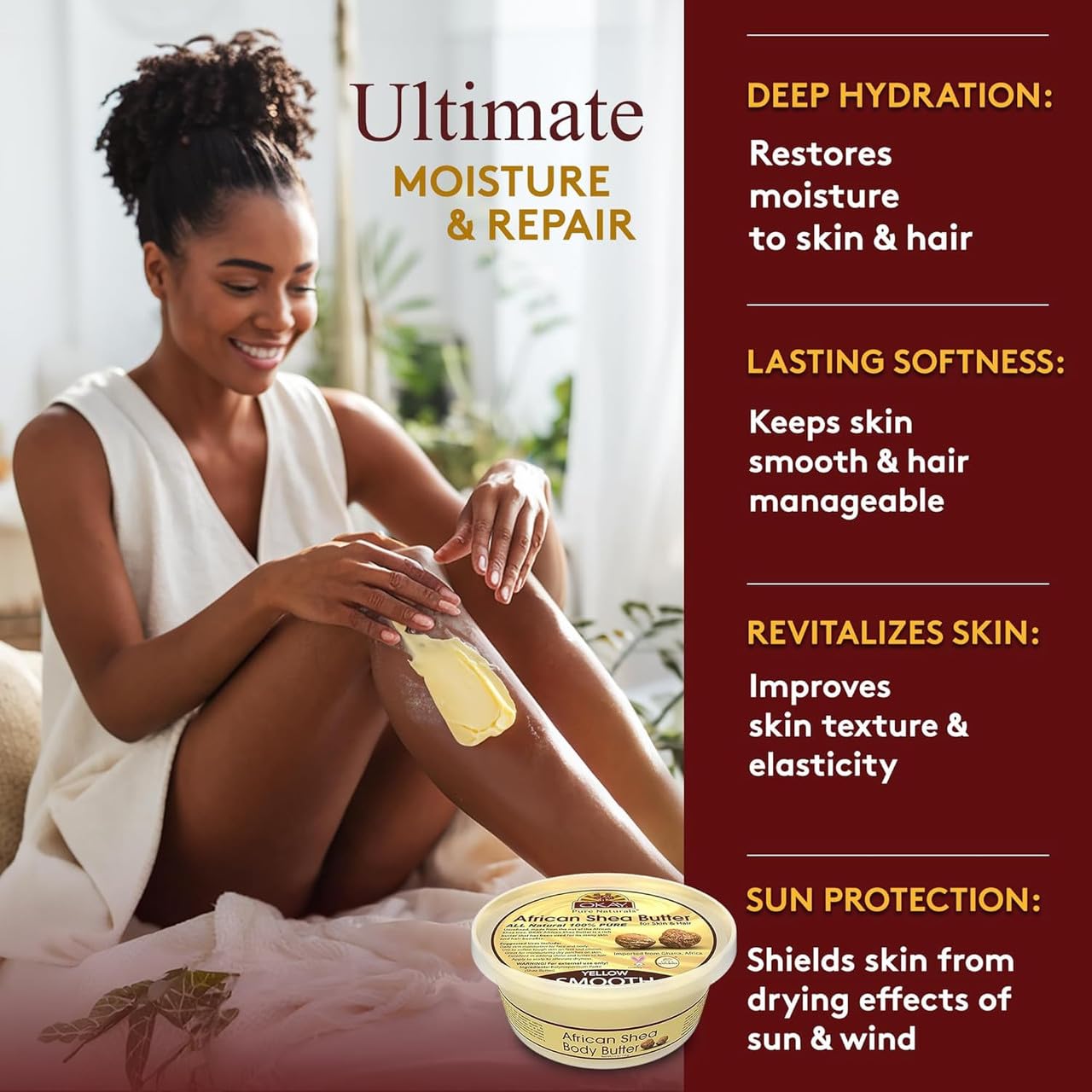 Okay 100% Natural African Shea Butter Yellow Smooth Deep Moisturizing Restores Moisture To Dry Damaged Skin Reduces Skin Damage Heals & Nourishes Made In USA 1oz