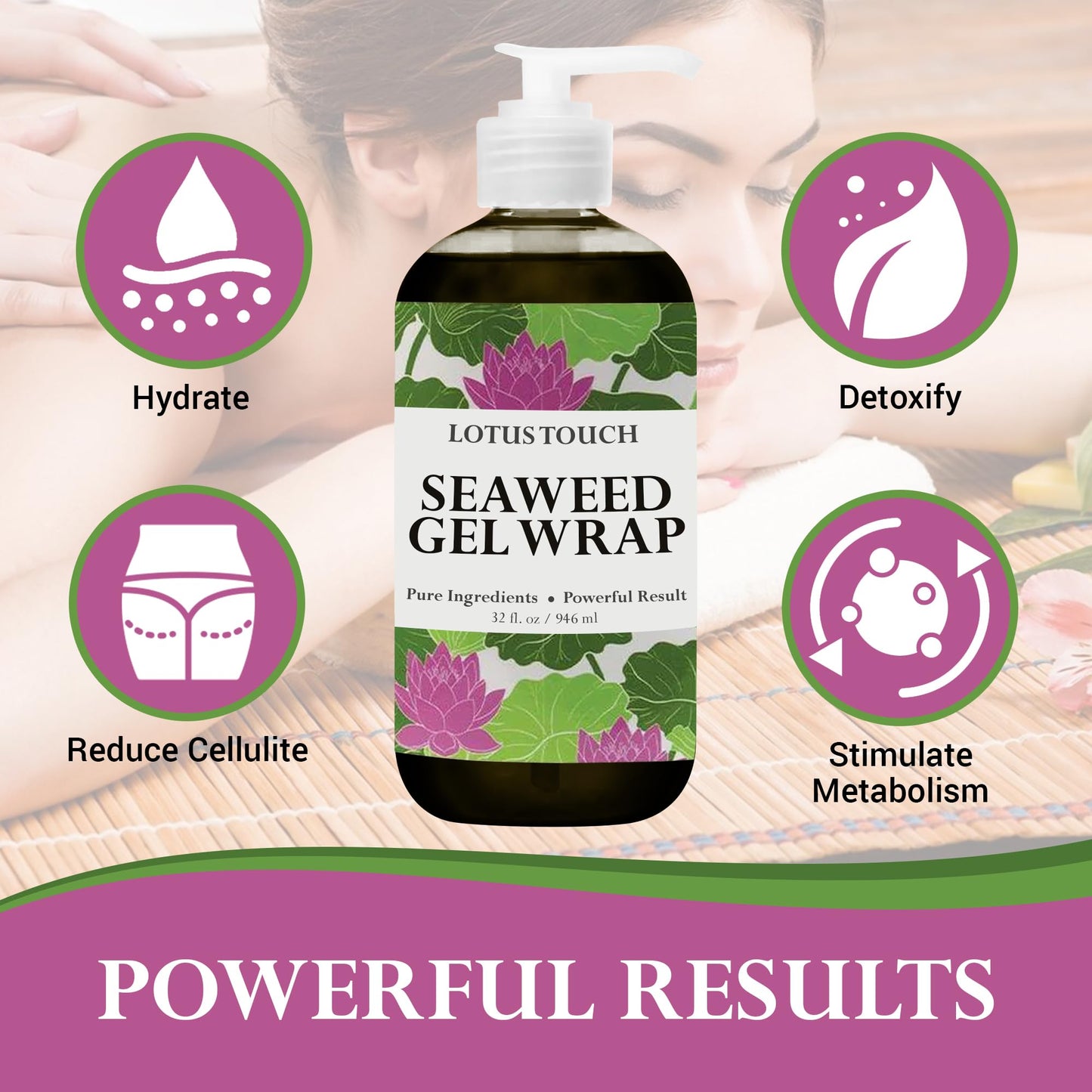 Lotus Touch Seaweed Gel Showerless Body Wrap Sea Kelp & Klamath Blue-Green Algae to Hydrate & Detoxify - Aloe Vera Oil, Vitamin E & Lavender - Excellent Results With or Without a Wrap - 1 Gallon