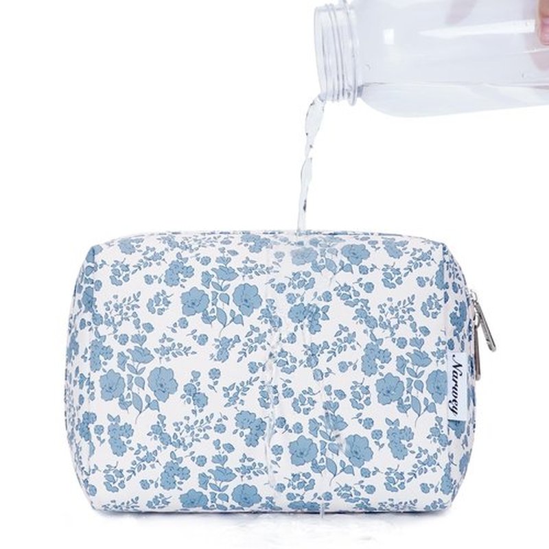 Narwey Cute Floral Makeup Bag Travel Cosmetic Bag Organizer Toiletry Bag Make Up Bags with Organized Pocket for Women (Large, Little Blue Flower)