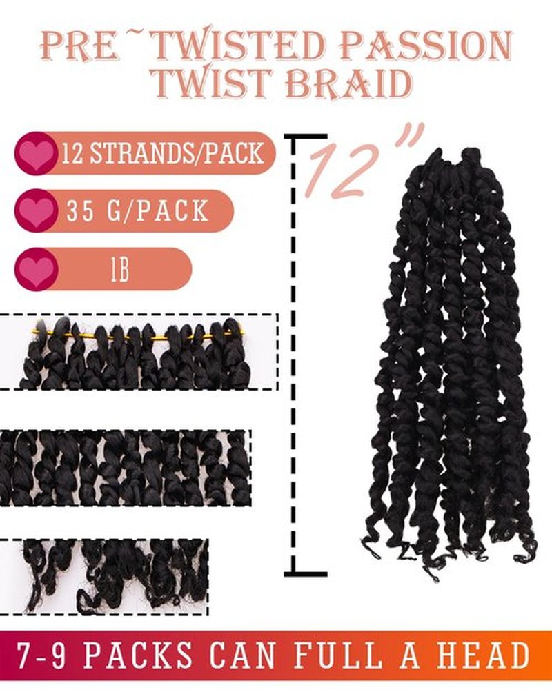 Miss Sula Passion Twist Hair-Pre-twisted Passion Twists,Pre-Looped Crochet Braids Made Of Bohemian Hair Synthetic Braiding Hair Extensions (12 Inch(Pack of 2), 1B)