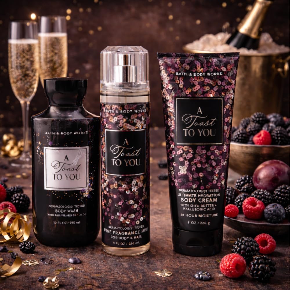 Bath & Body Works A TOAST TO YOU Fine Fragrance Mist, Ultimate Hydration Body Cream, and Body Wash 3pc Gift Set with 30-inch Silver Ribbon Bow for Gifts & Holidays – Full Size