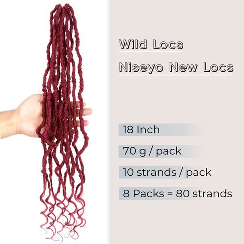 Niseyo Wild Locs 18 Inch Distressed New Faux Locs with Curly Ends 8 Packs Long Soft Pre-looped Goddess Locs Crochet Hair (118#, Burgundy)