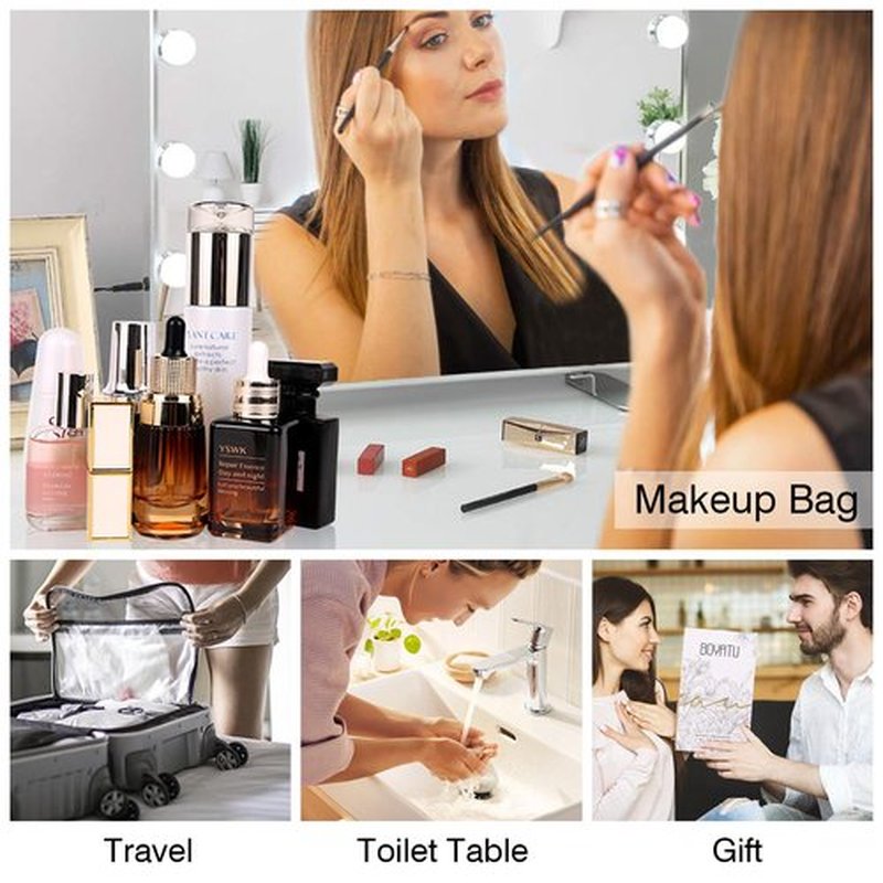 Travel Makeup Bags Cosmetic Organizer Bag: Large Capacity Make up Bag Set of 3 - Vegan Leather Toiletry Bag for Women - Portable Makeup Organizer with Compartments & Handle & Divider (1 Brown)