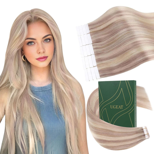 Ugeat Hair Extensions Tape in Human Hair Blonde 16inch Human Hair Tape in Extensions Ash Blonde Highlights Bleach Blonde Natural Tape in Hair Extensions Human Hair 50G 20Pcs