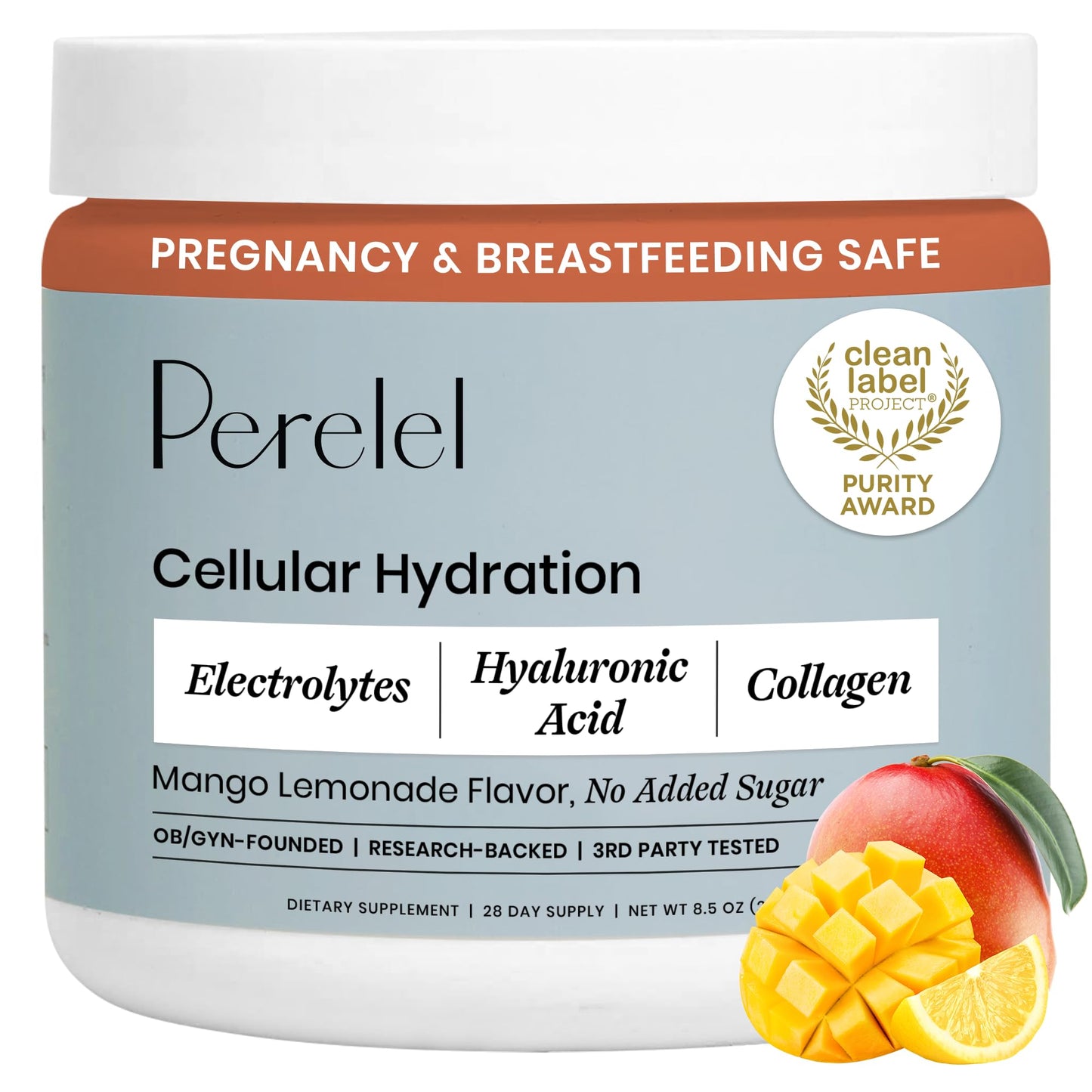 Perelel Hydration Powder, Electrolyte Supplement with Collagen & Hyaluronic Acid, Mango Lemonade Flavor, Soy & Gluten Free, Non GMO, No Added Sugar, 28 Servings