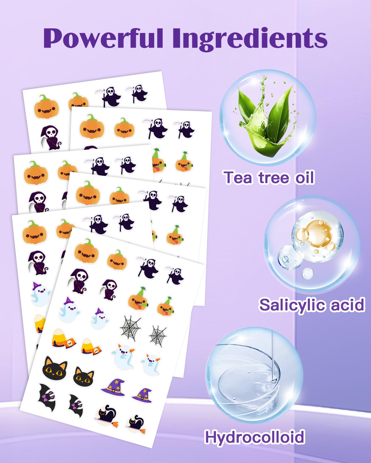 Attyxfica Halloween Acne Pimple Patches Cute - 144 Count Hydrocolloid Pimple Patches for Face, Spot Treatment Stickers w/Salicylic Acid & Tea Tree Oil for Zits and Blemishes, 2 Sizes & 12 Patterns